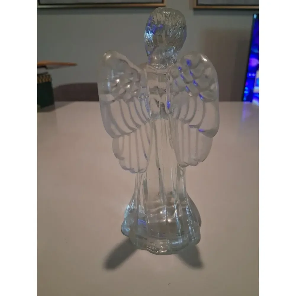Vintage Clear Glass Angel Candlestick Holder Figurine Playing Harp Christmas...